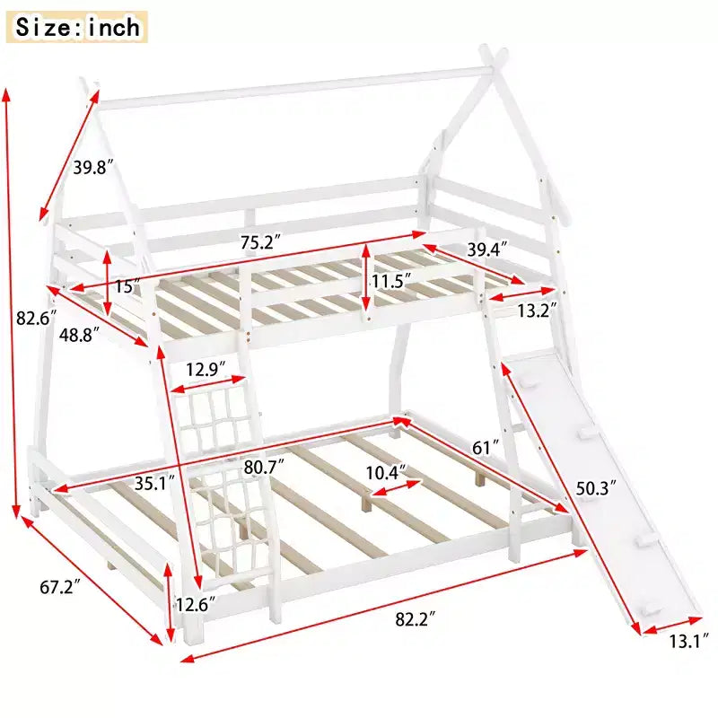 Lit superposé double sur grand format avec filets et rampe d'escalade, lit cabane en bois pour adolescents filles et garçons