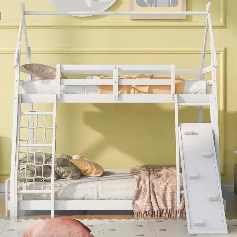 Lit superposé double sur grand format avec filets et rampe d'escalade, lit cabane en bois pour adolescents filles et garçons