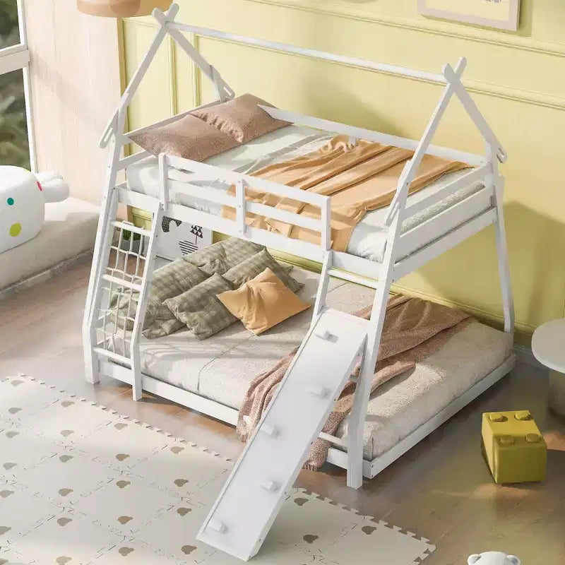 Lit superposé double sur grand format avec filets et rampe d'escalade, lit cabane en bois pour adolescents filles et garçons