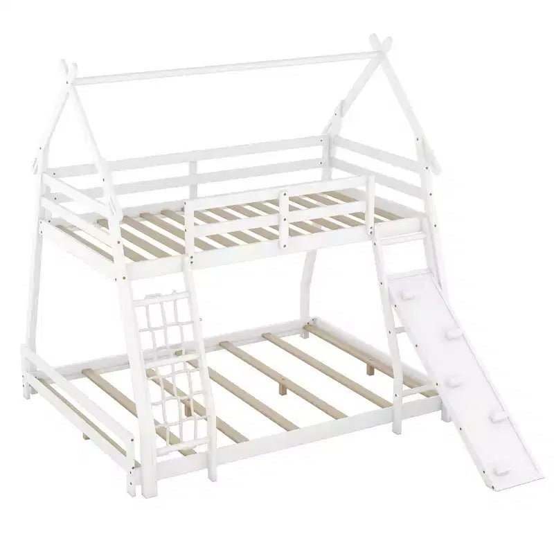 Lit superposé double sur grand format avec filets et rampe d'escalade, lit cabane en bois pour adolescents filles et garçons
