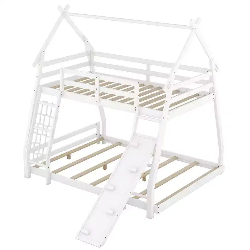 Lit superposé double sur grand format avec filets et rampe d'escalade, lit cabane en bois pour adolescents filles et garçons