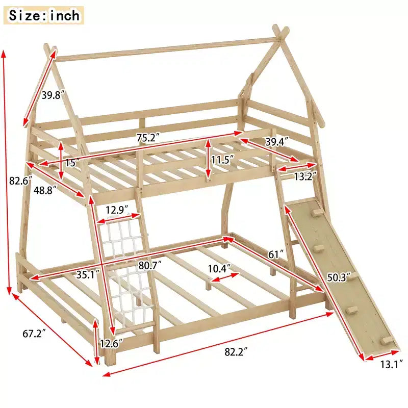 Lit superposé double sur grand format avec filets et rampe d'escalade, lit cabane en bois pour adolescents filles et garçons