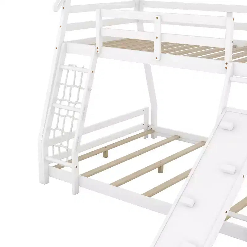Lit superposé double sur grand format avec filets et rampe d'escalade, lit cabane en bois pour adolescents filles et garçons