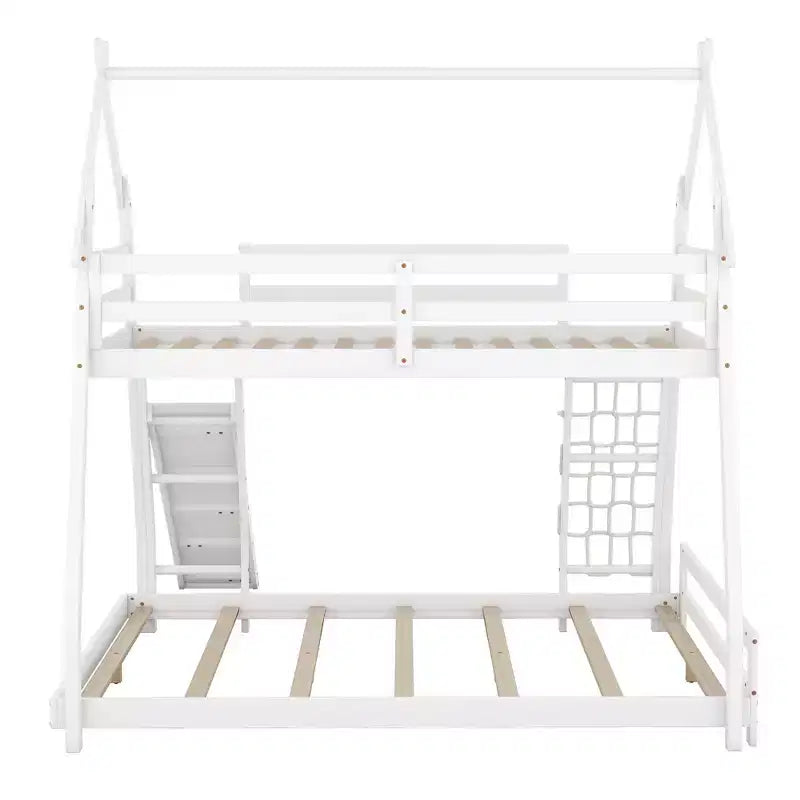 Lit superposé double sur grand format avec filets et rampe d'escalade, lit cabane en bois pour adolescents filles et garçons