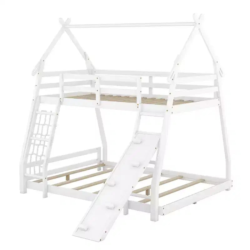 Lit superposé double sur grand format avec filets et rampe d'escalade, lit cabane en bois pour adolescents filles et garçons