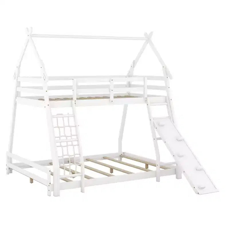 Lit superposé double sur grand format avec filets et rampe d'escalade, lit cabane en bois pour adolescents filles et garçons