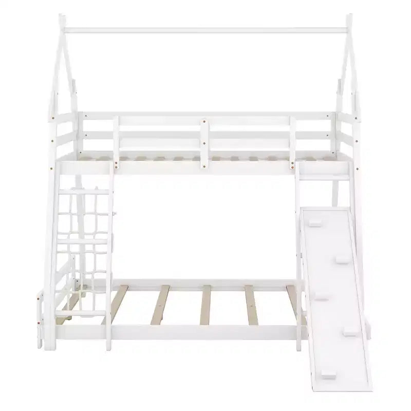 Lit superposé double sur grand format avec filets et rampe d'escalade, lit cabane en bois pour adolescents filles et garçons