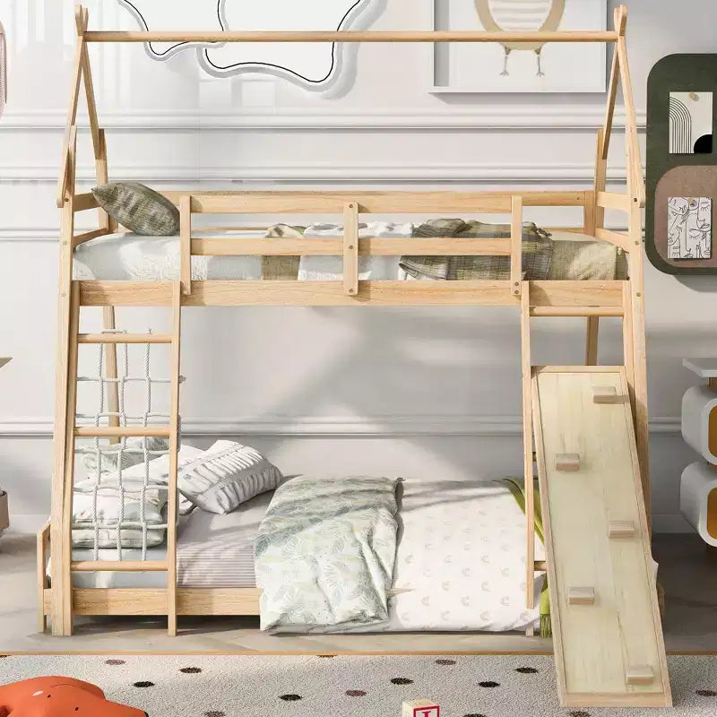 Lit superposé double sur grand format avec filets et rampe d'escalade, lit cabane en bois pour adolescents filles et garçons