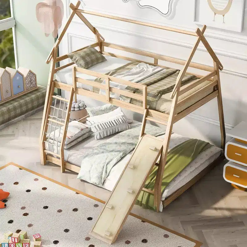 Lit superposé double sur grand format avec filets et rampe d'escalade, lit cabane en bois pour adolescents filles et garçons