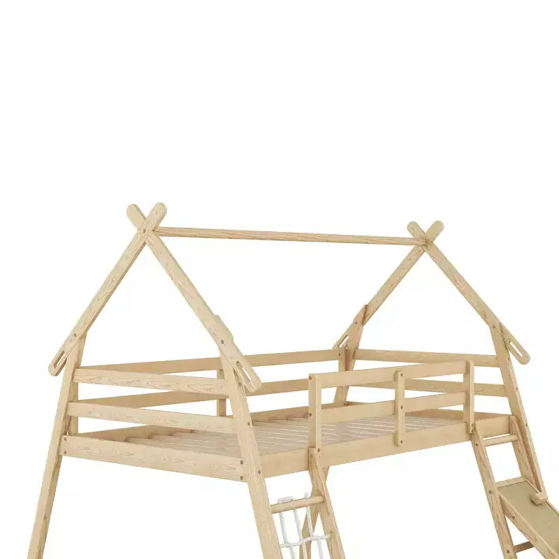 Lit superposé double sur grand format avec filets et rampe d'escalade, lit cabane en bois pour adolescents filles et garçons