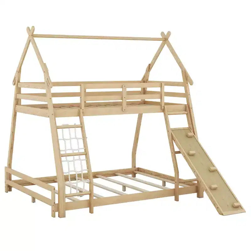 Lit superposé double sur grand format avec filets et rampe d'escalade, lit cabane en bois pour adolescents filles et garçons