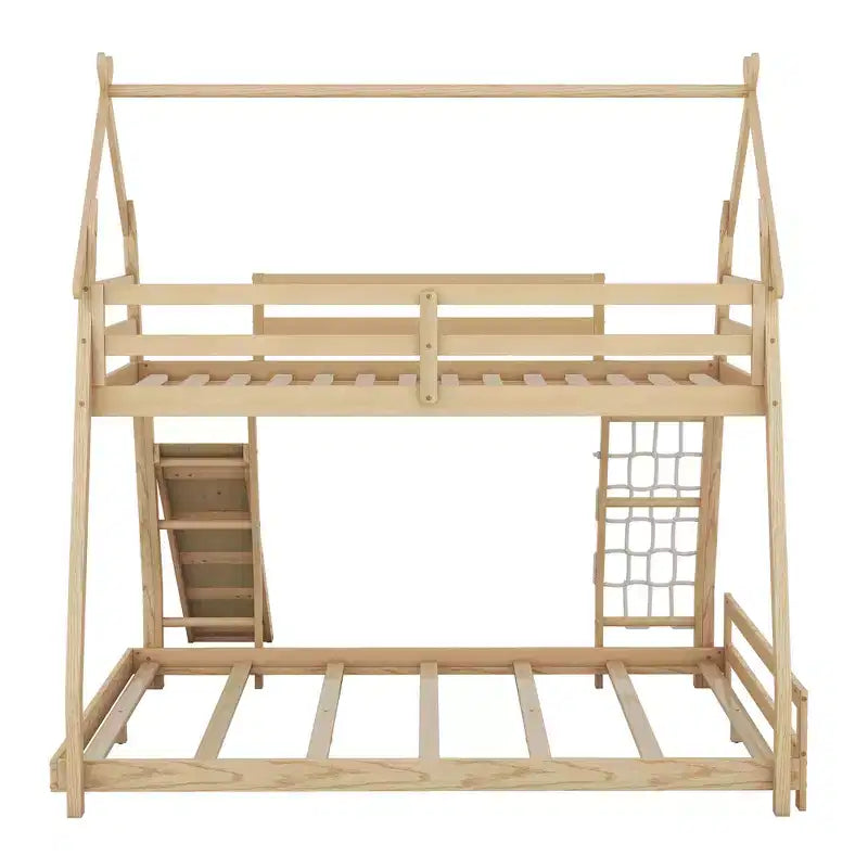 Lit superposé double sur grand format avec filets et rampe d'escalade, lit cabane en bois pour adolescents filles et garçons