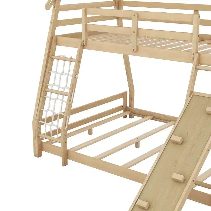 Lit superposé double sur grand format avec filets et rampe d'escalade, lit cabane en bois pour adolescents filles et garçons