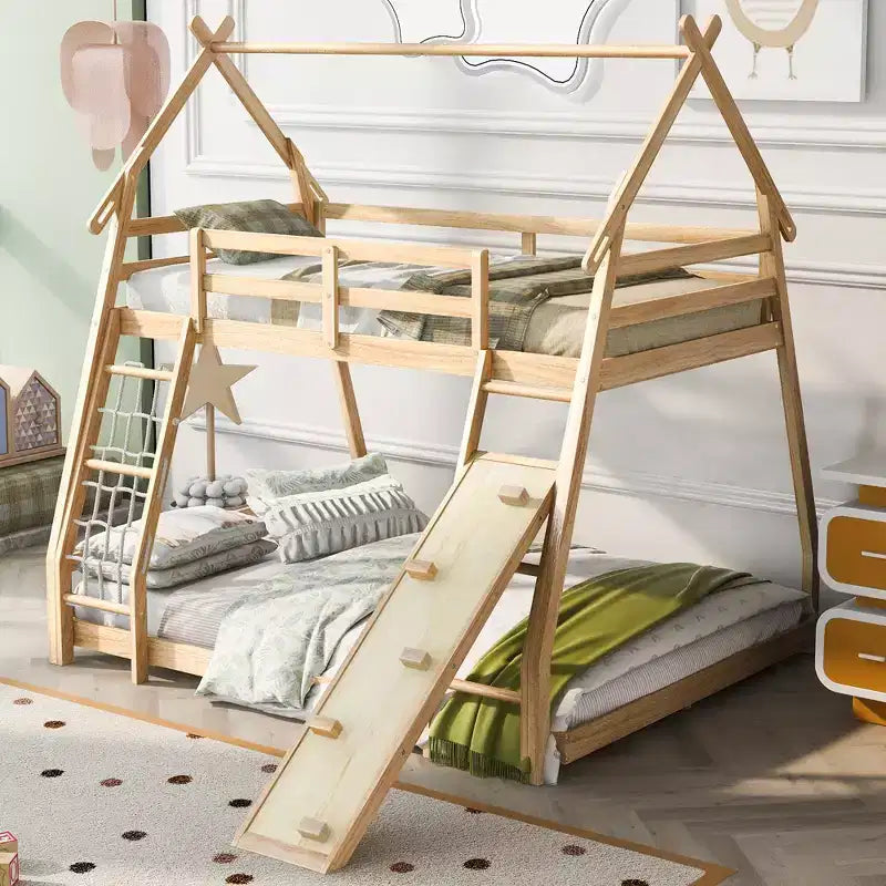 Twin over Queen Houes Bunk Bed with Climbing Nets and Climbing Ramp, Wooden Kids Playhouse Bunk Beds for Teens Girls & Boys