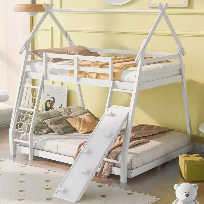 Lit superposé double sur grand format avec filets et rampe d'escalade, lit cabane en bois pour adolescents filles et garçons