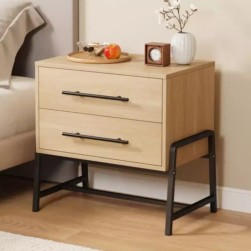 Nightstand, Bedside Table with 2 Drawers Light Wood - Wide Modern Mid Century Side Table with Metal Legs for Bedroom Living Room