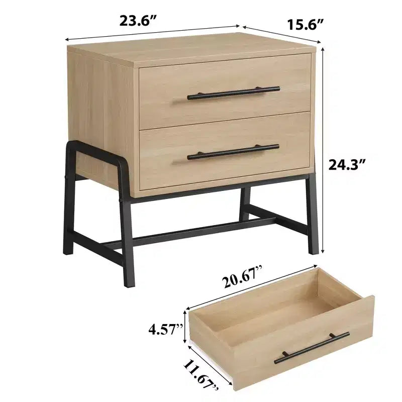 Table de chevet, table de nuit avec 2 tiroirs en bois clair - Table d'appoint moderne et large de style Mid-Century avec pieds en métal pour chambre à coucher et salon