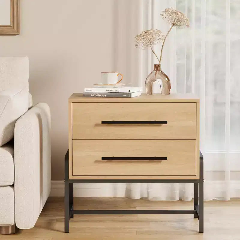 Table de chevet, table de nuit avec 2 tiroirs en bois clair - Table d'appoint moderne et large de style Mid-Century avec pieds en métal pour chambre à coucher et salon
