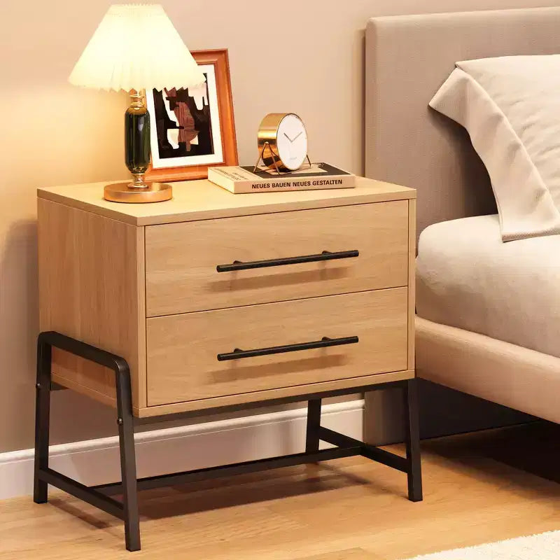 Table de chevet, table de nuit avec 2 tiroirs en bois clair - Table d'appoint moderne et large de style Mid-Century avec pieds en métal pour chambre à coucher et salon