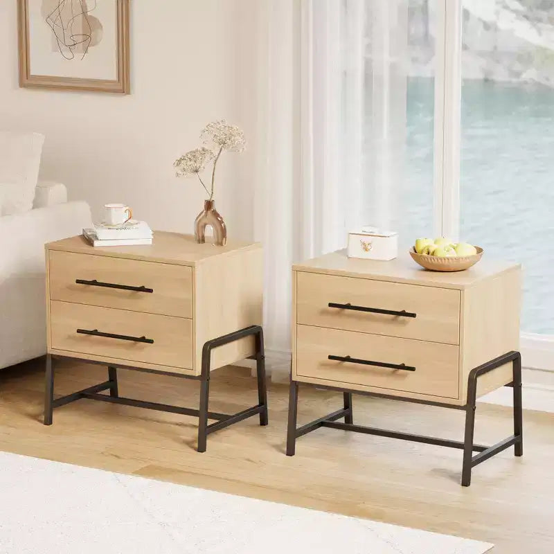 Table de chevet, table de nuit avec 2 tiroirs en bois clair - Table d'appoint moderne et large de style Mid-Century avec pieds en métal pour chambre à coucher et salon