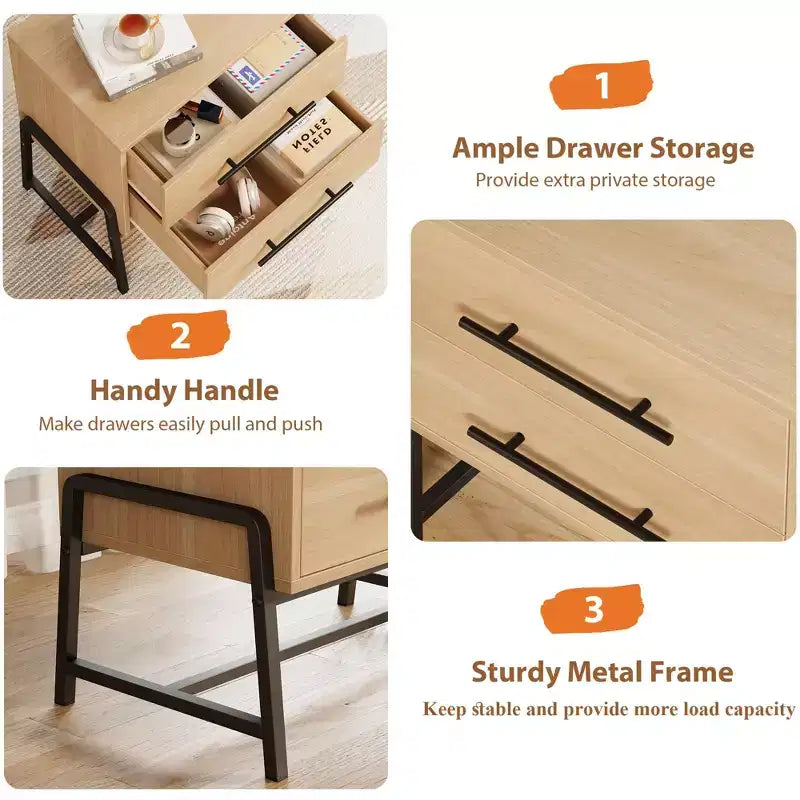 Table de chevet, table de nuit avec 2 tiroirs en bois clair - Table d'appoint moderne et large de style Mid-Century avec pieds en métal pour chambre à coucher et salon