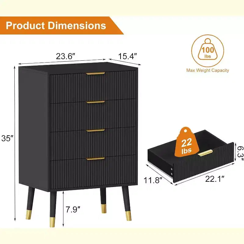 Commode à 4 tiroirs, Meuble de rangement vertical avec pieds en métal, Petite commode pour chambre à coucher, salon, placard, couloir