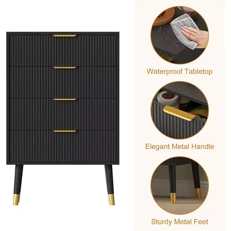 Commode à 4 tiroirs, Meuble de rangement vertical avec pieds en métal, Petite commode pour chambre à coucher, salon, placard, couloir