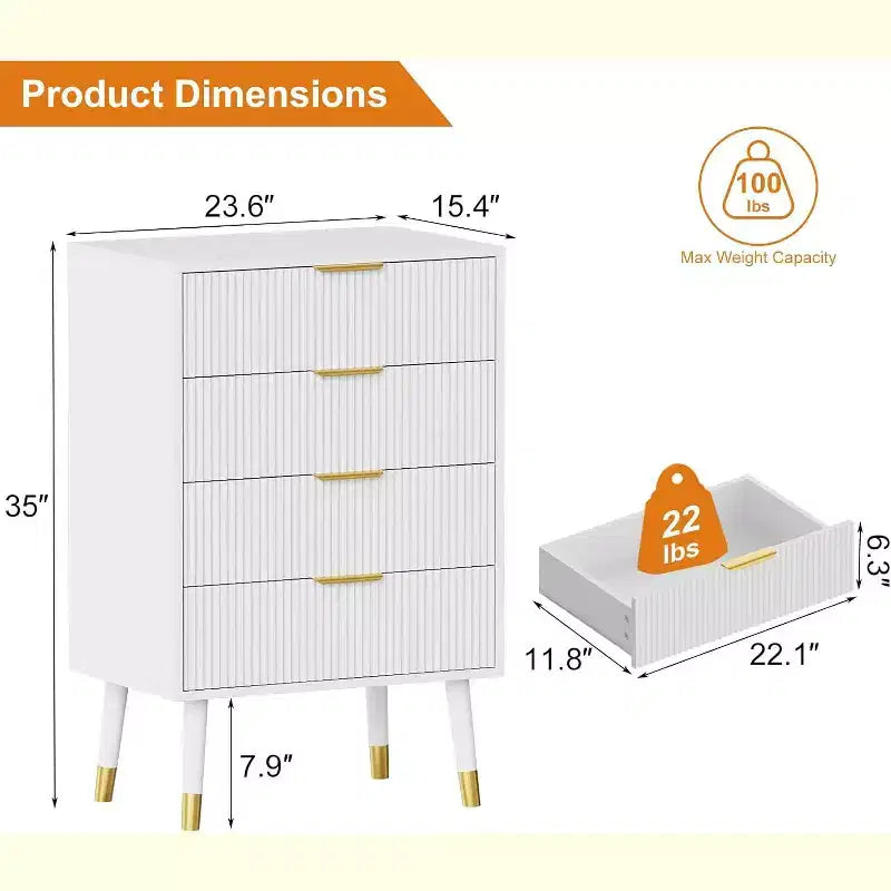 Commode à 4 tiroirs, Meuble de rangement vertical avec pieds en métal, Petite commode pour chambre à coucher, salon, placard, couloir