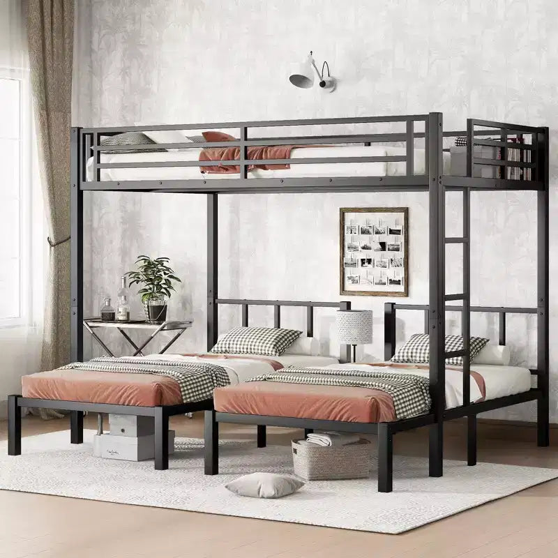 Twin over Twin and Queen Bunk Bed Metal Triple Bunk Bed with Safety Guardrails Space-Saving Noise Reduced Black