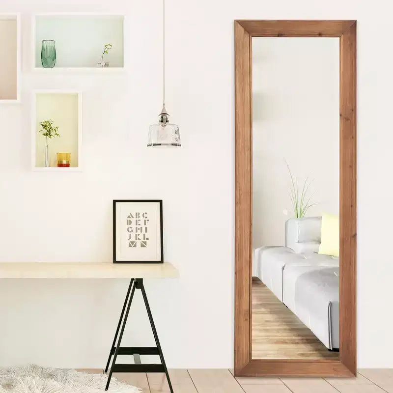 MAYEERTY Full-Length Mirror Solid Wood Vertical Grain Right Angle Rectangle Brown 71x31x2in with Stand