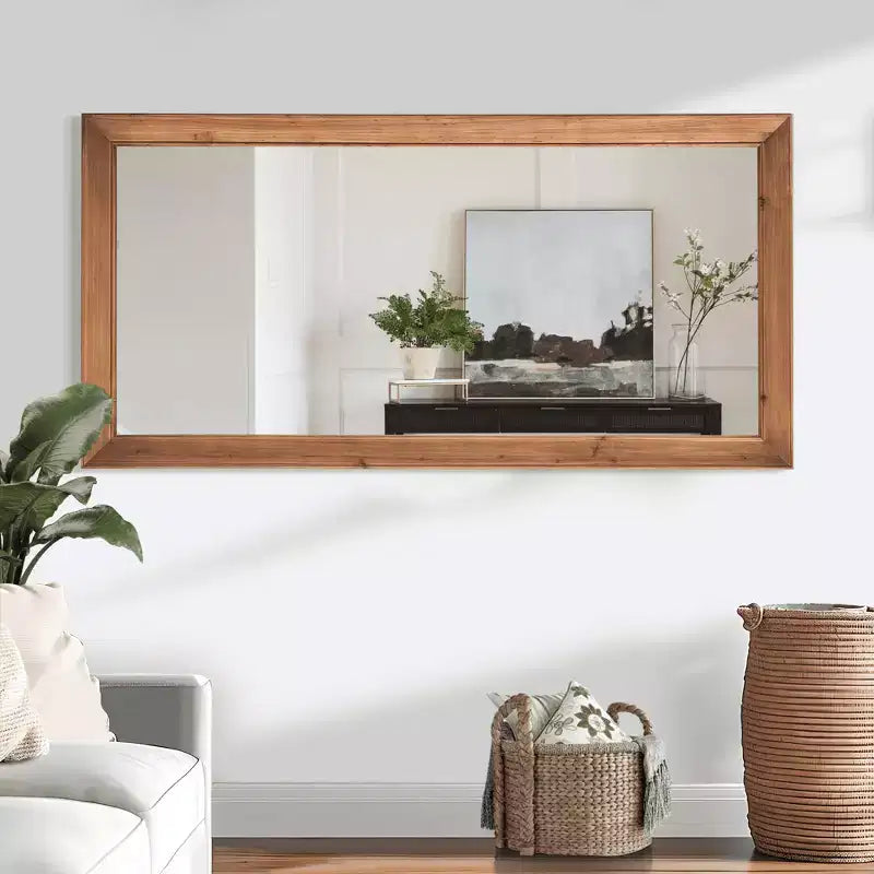 Miroir pleine longueur en bois massif, grain vertical, angle droit, rectangle, marron, 71x31x2in avec support