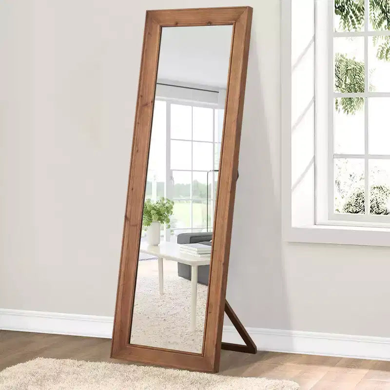 Miroir pleine longueur en bois massif, grain vertical, angle droit, rectangle, marron, 71x31x2in avec support