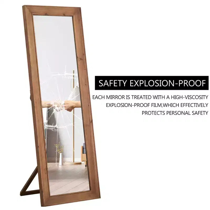 Miroir pleine longueur en bois massif, grain vertical, angle droit, rectangle, marron, 71x31x2in avec support