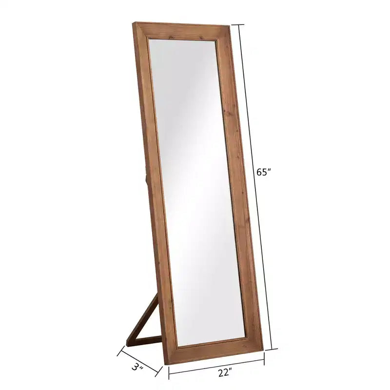 Miroir pleine longueur en bois massif, grain vertical, angle droit, rectangle, marron, 71x31x2in avec support