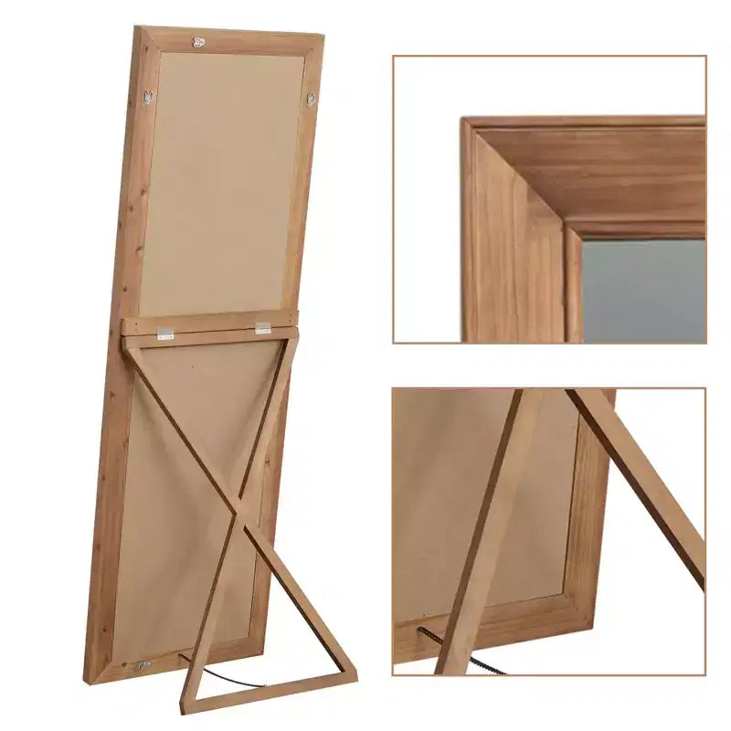 Miroir pleine longueur en bois massif, grain vertical, angle droit, rectangle, marron, 71x31x2in avec support
