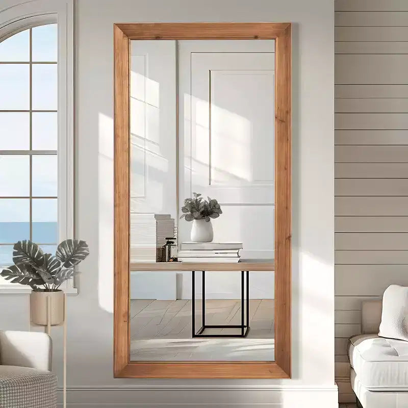 Miroir pleine longueur en bois massif, grain vertical, angle droit, rectangle, marron, 71x31x2in avec support