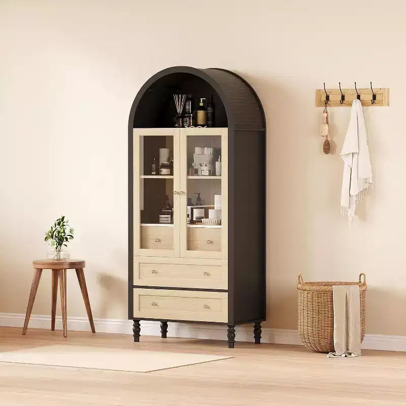 Acekool 70 Arched Display Cabinet - Pantry Storage with Lighting, 3 Drawers & Adjustable Shelf for Kitchen, Dining, Black Oak