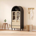 Acekool 70 Arched Display Cabinet - Pantry Storage with Lighting, 3 Drawers & Adjustable Shelf for Kitchen, Dining, Black Oak
