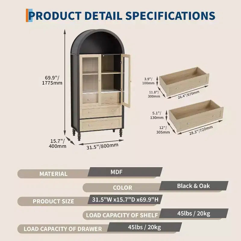 Armoire de présentation cintrée de 70 po – Rangement de garde-manger avec éclairage, 3 tiroirs et tablette réglable pour la cuisine, la salle à manger, Chêne noir