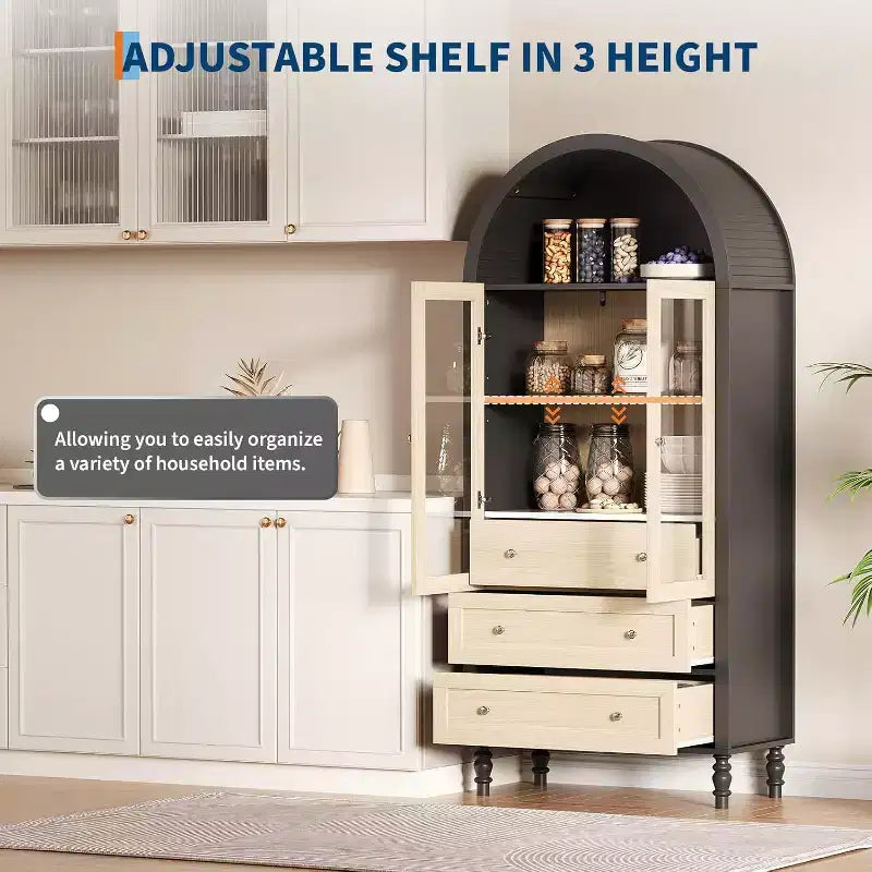 Armoire de présentation cintrée de 70 po – Rangement de garde-manger avec éclairage, 3 tiroirs et tablette réglable pour la cuisine, la salle à manger, Chêne noir
