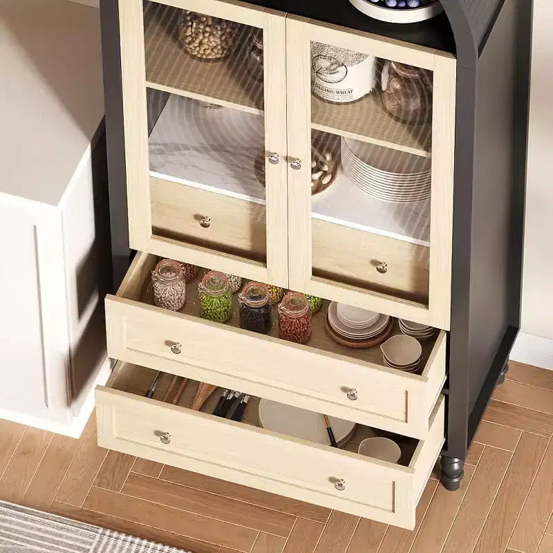Armoire de présentation cintrée de 70 po – Rangement de garde-manger avec éclairage, 3 tiroirs et tablette réglable pour la cuisine, la salle à manger, Chêne noir