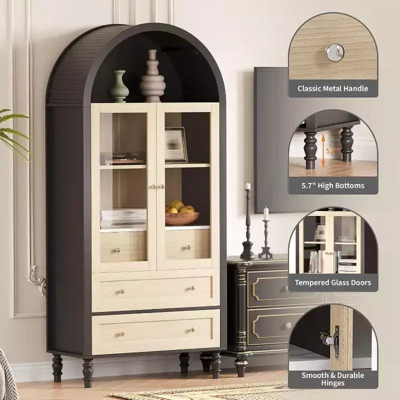 Armoire de présentation cintrée de 70 po – Rangement de garde-manger avec éclairage, 3 tiroirs et tablette réglable pour la cuisine, la salle à manger, Chêne noir