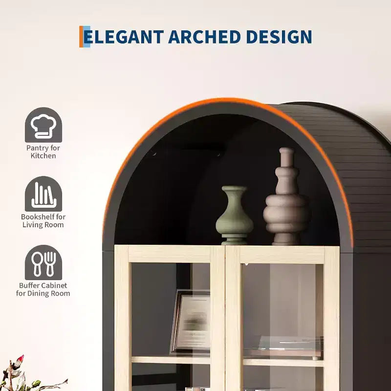 Armoire de présentation cintrée de 70 po – Rangement de garde-manger avec éclairage, 3 tiroirs et tablette réglable pour la cuisine, la salle à manger, Chêne noir