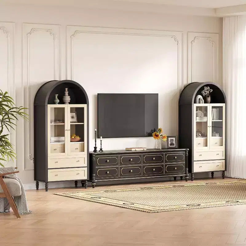 Armoire de présentation cintrée de 70 po – Rangement de garde-manger avec éclairage, 3 tiroirs et tablette réglable pour la cuisine, la salle à manger, Chêne noir