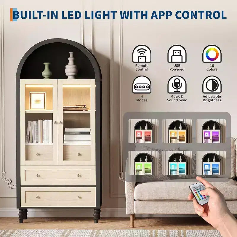 Armoire de présentation cintrée de 70 po – Rangement de garde-manger avec éclairage, 3 tiroirs et tablette réglable pour la cuisine, la salle à manger, Chêne noir