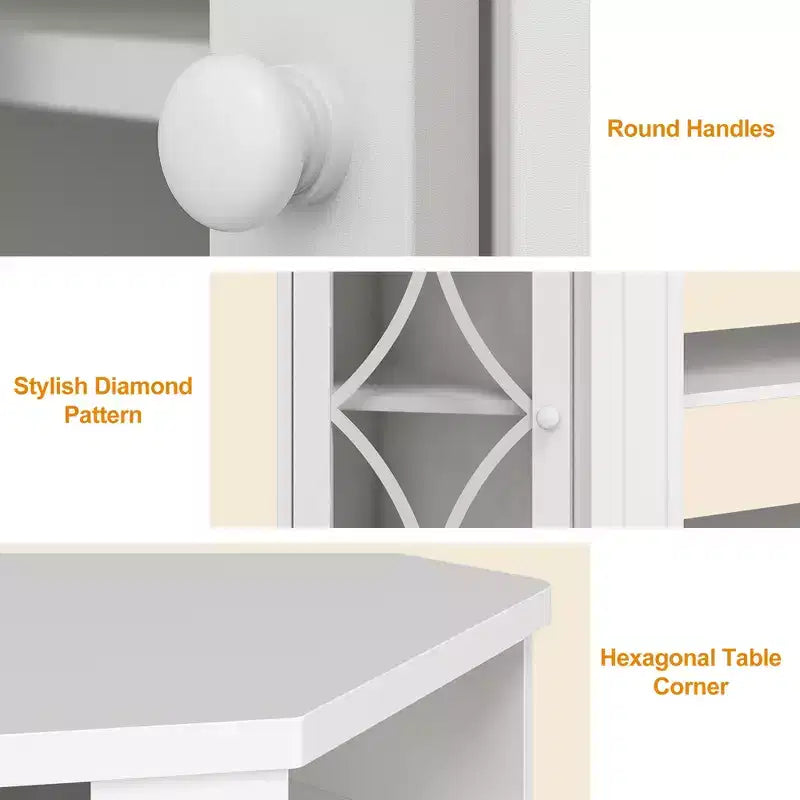 Meubles TV d'angle pour téléviseurs jusqu'à 55'', Meuble console média avec étagères réglables, Portes en acrylique avec motif diamant, Centre de divertissement
