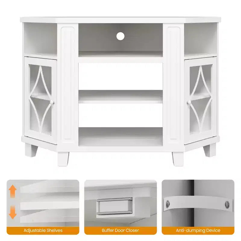 Meubles TV d'angle pour téléviseurs jusqu'à 55'', Meuble console média avec étagères réglables, Portes en acrylique avec motif diamant, Centre de divertissement