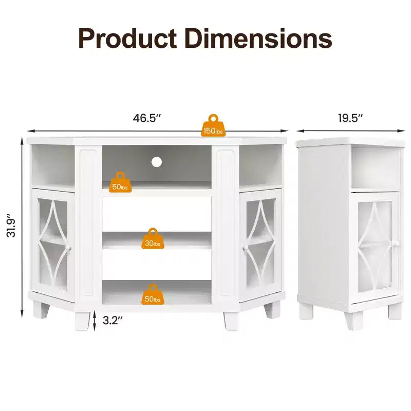 Meubles TV d'angle pour téléviseurs jusqu'à 55'', Meuble console média avec étagères réglables, Portes en acrylique avec motif diamant, Centre de divertissement
