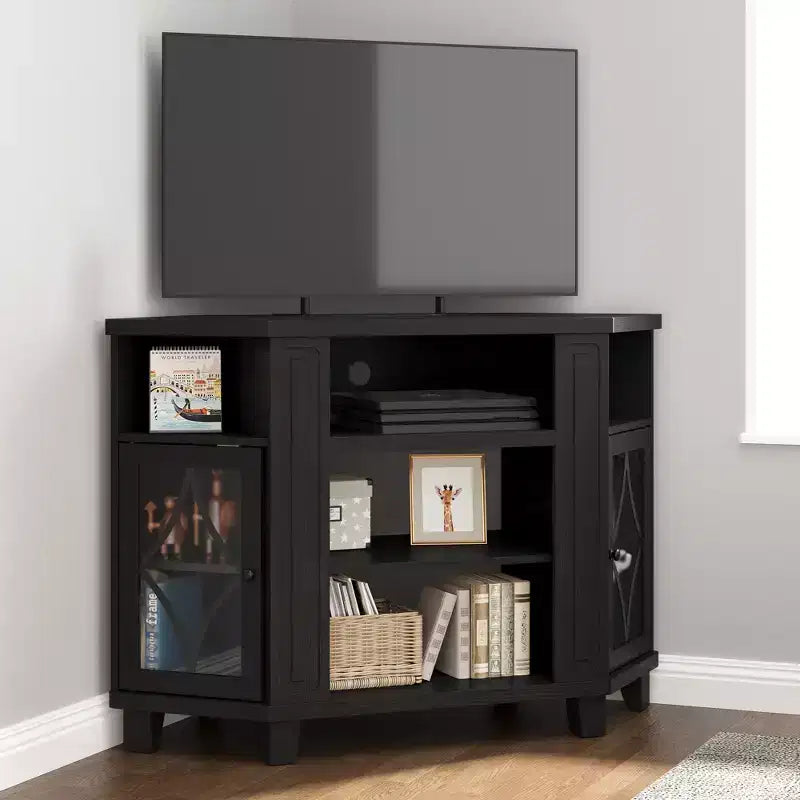 Meubles TV d'angle pour téléviseurs jusqu'à 55'', Meuble console média avec étagères réglables, Portes en acrylique avec motif diamant, Centre de divertissement
