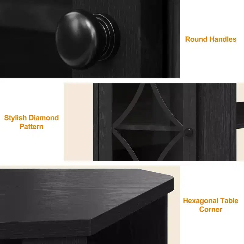 Meubles TV d'angle pour téléviseurs jusqu'à 55'', Meuble console média avec étagères réglables, Portes en acrylique avec motif diamant, Centre de divertissement